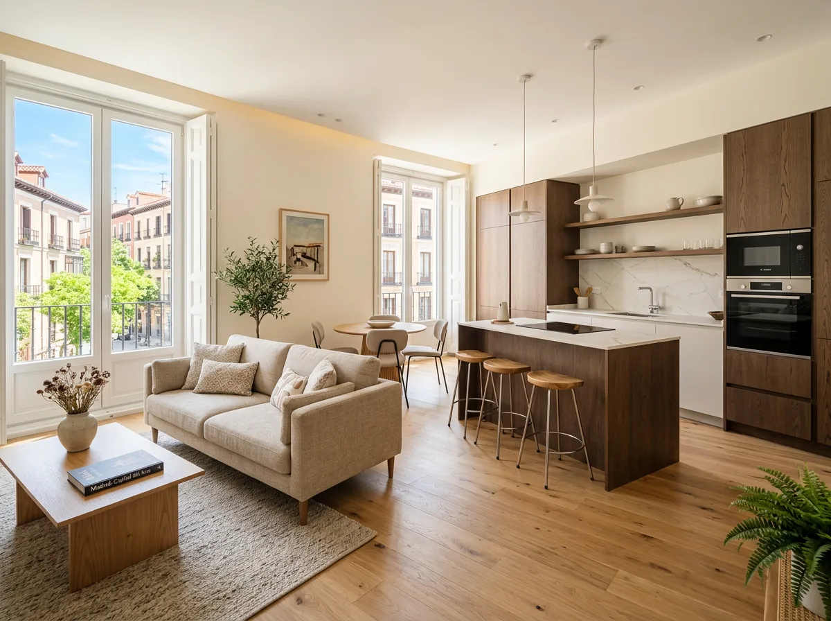 Reforma integral de vivienda en Madrid: salón moderno con cocina abierta, suelo de madera clara, luz natural, acabados de calidad