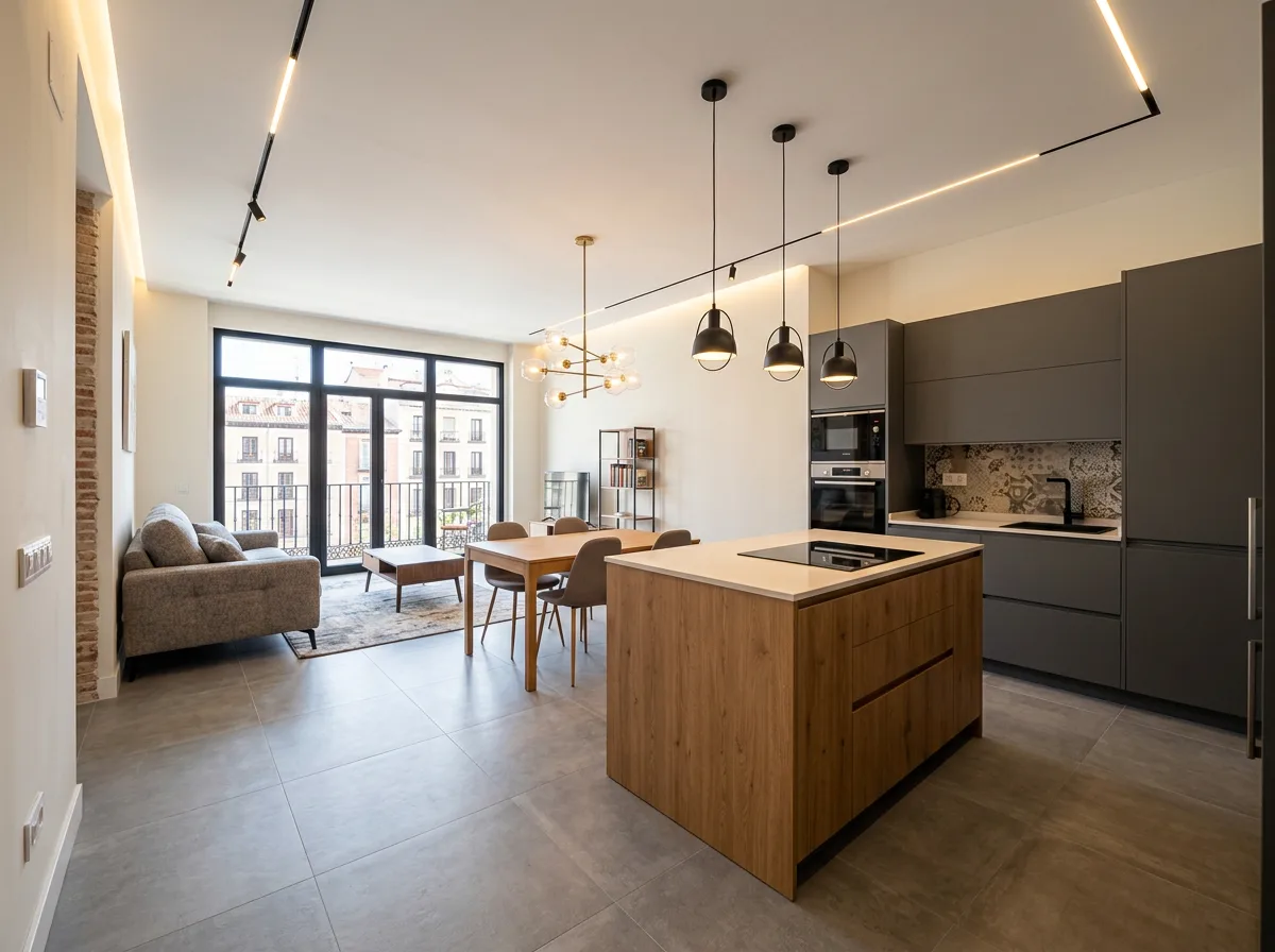 Rehabilitación integral de piso en Madrid: espacios abiertos, suelo de cerámica gris, cocina americana moderna, iluminación de diseño