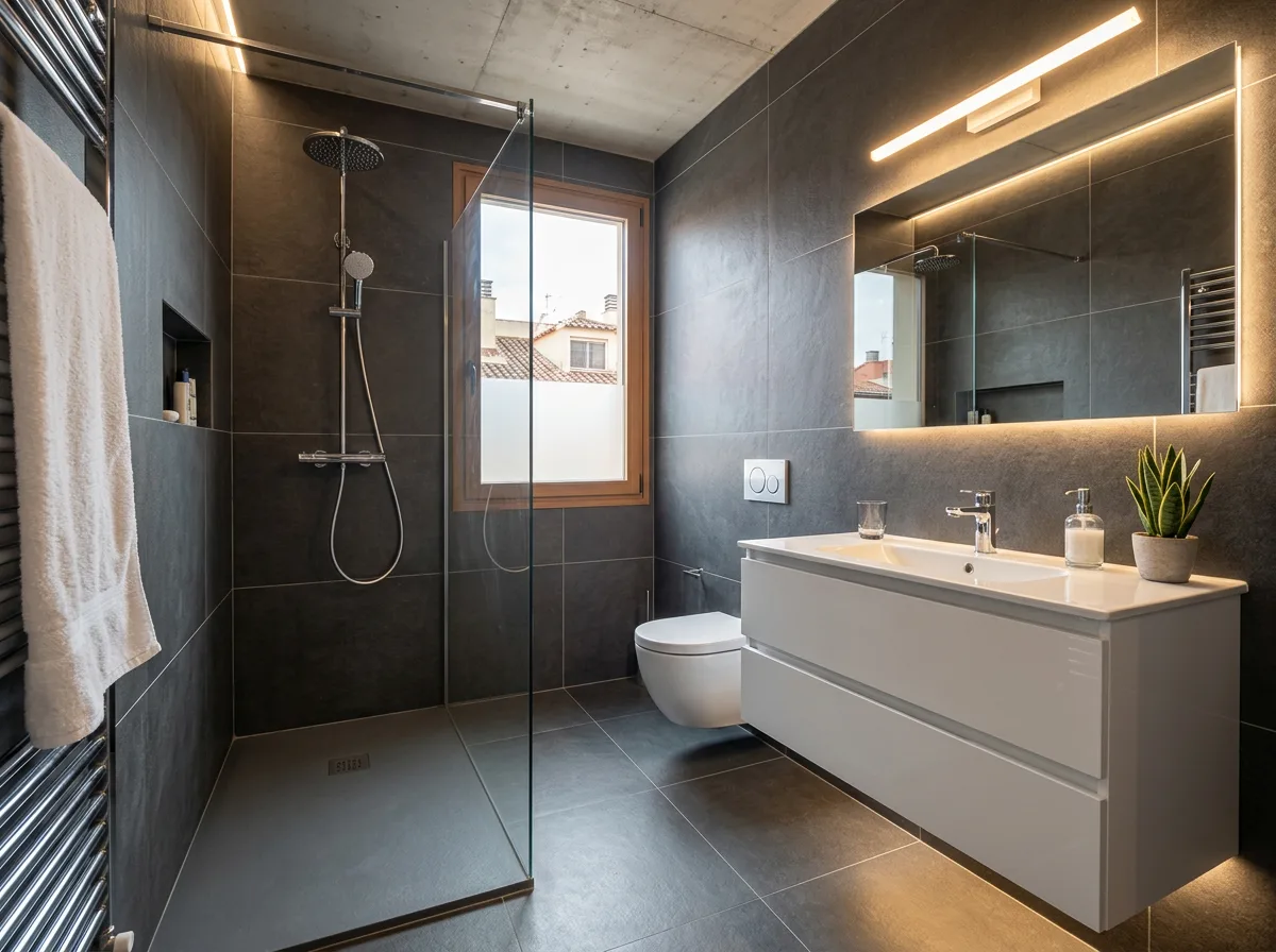 Reforma de baño moderno en Madrid: plato de ducha a nivel suelo, azulejo gris antracita, mueble suspendido blanco, luz LED cálida