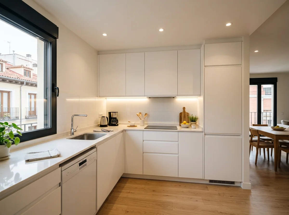 Reforma de cocina en Madrid: muebles blancos lacados, encimera de cuarzo blanco, electrodomésticos integrados, iluminación LED bajo mueble