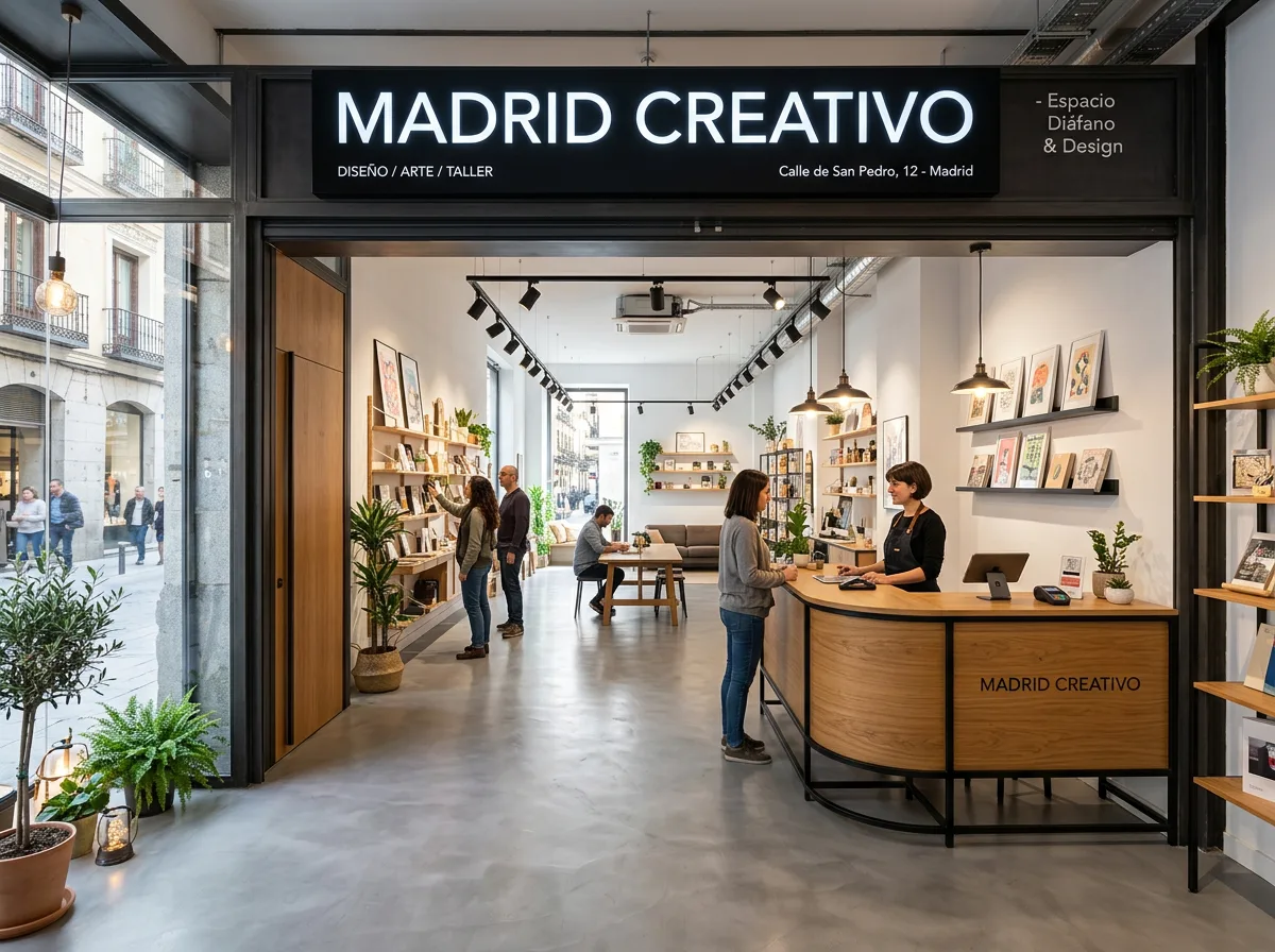 Reforma de local comercial en Madrid: espacio diáfano con mostrador, suelo de microcemento, iluminación comercial, fachada renovada