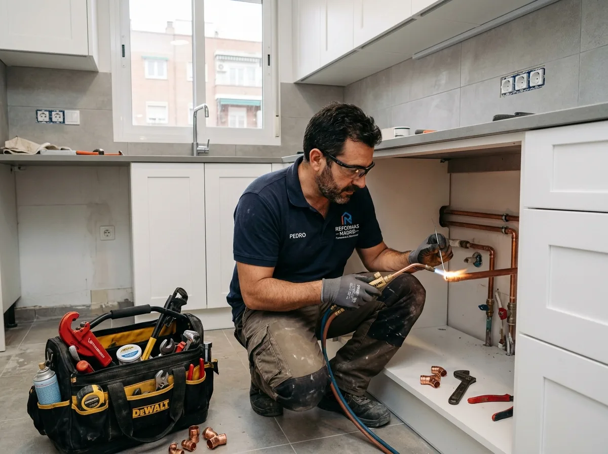 Servicio de fontanería y electricidad en reforma Madrid: técnico instalando tuberías de cobre en cocina renovada, herramientas profesionales