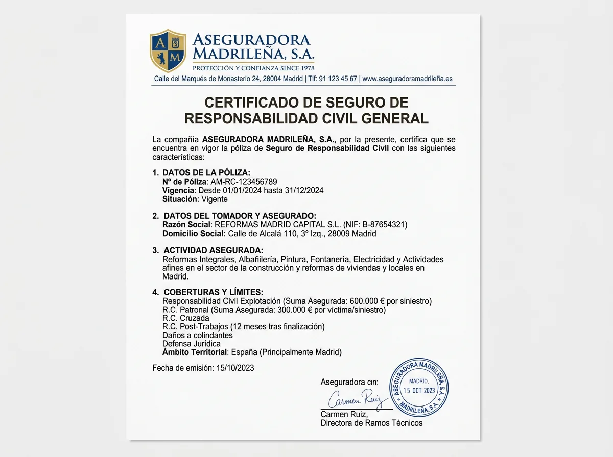 Certificado de Seguro de Responsabilidad Civil para empresa de reformas en Madrid: documento oficial con logo de aseguradora, fondo blanco neutro