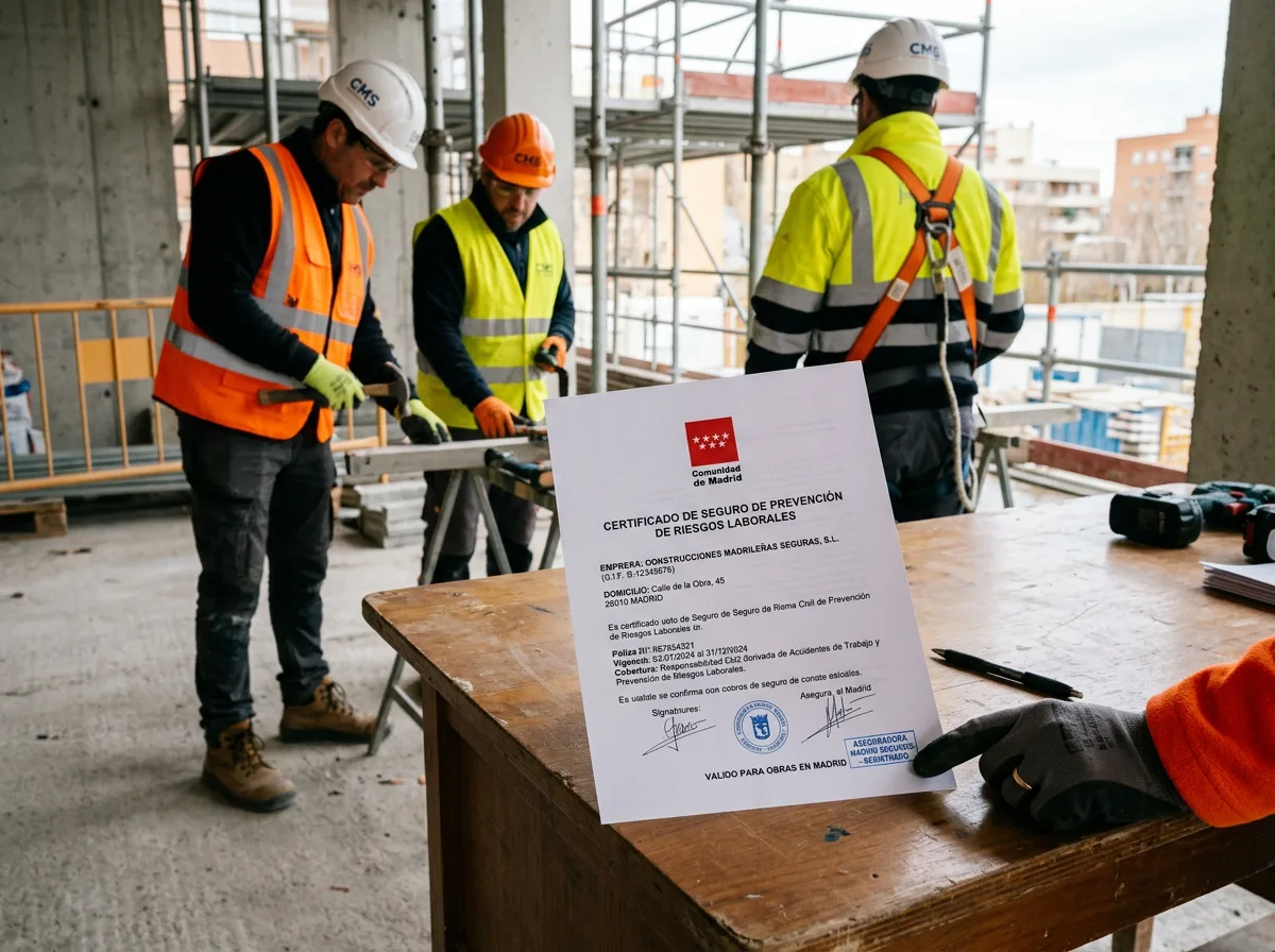 Certificado de seguro de prevención de riesgos laborales para empresa de obras en Madrid: documento oficial, EPIs visibles, fondo neutro
