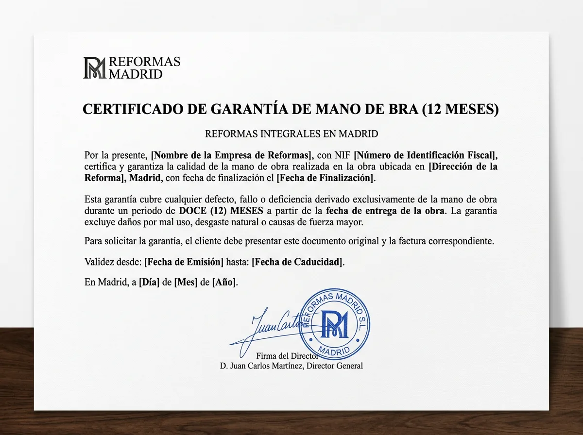 Certificado de garantía de 12 meses en mano de obra para reformas en Madrid: documento con sello empresarial, firma directivo, fondo blanco